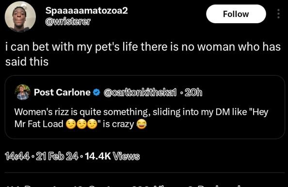 Spaaaaamatozoa2 owiisterer follow i can bet with my pet's life there is no woman