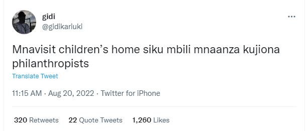 Gidi gidikariuki mnavisit children's home siku mbili mnaanza kujiona philanthrop