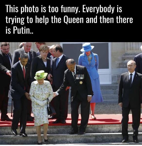 This photo is too funny. everybody is trying to help the queen and then there is