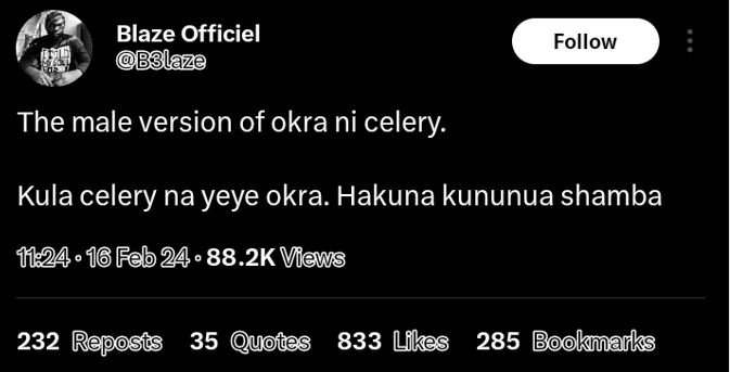 Blaze officiel bblaze follow the male version of okra ni celery kula celery na y