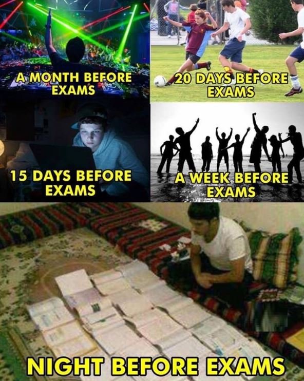 Mnth before exams 20 days befre exams 15 days before exams a week before exams n