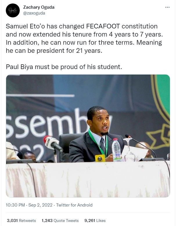 Zachary oguda zaxoguda samuel eto'o has changed fecafoot constitution and now ex