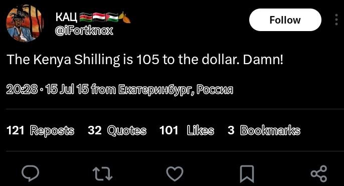Kal ifortknox follow the kenya shilling is 105 to the dollar. damn! 15 jul 15 fi