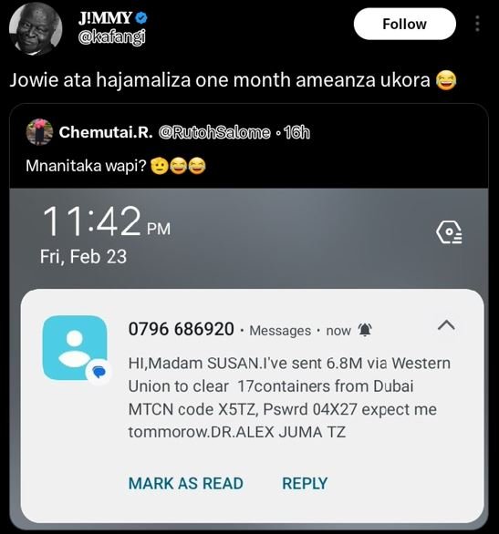 Jmmy kalang follow jowie ata hajamaliza one month ameanza ukora chemutai r. ruto