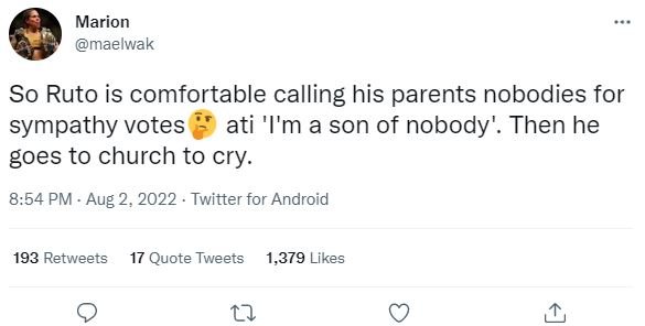 Marion maelwak so ruto is comfortable calling his parents nobodies for sympathy