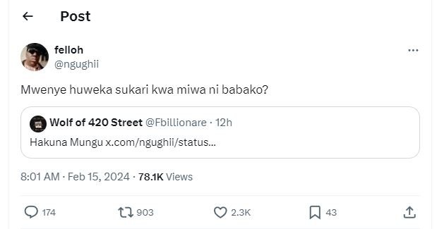 Post felloh ngughii mwenye huweka sukari kwa miwa ni babako? wolf of 420 street