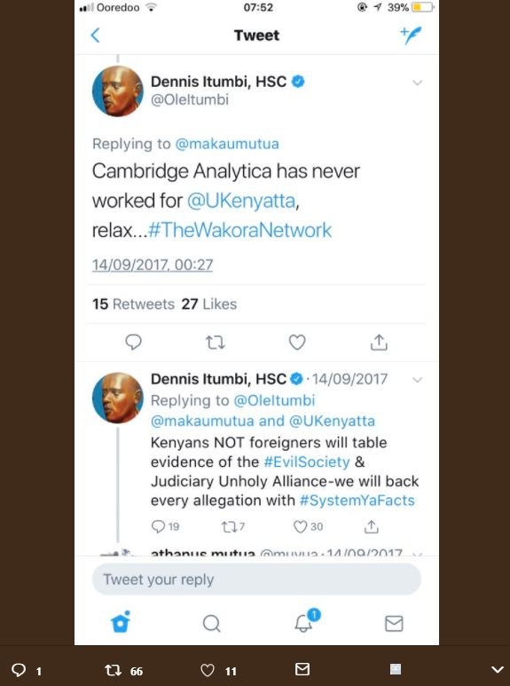 Oaredoo 0752 39 tweet dennis itumbi, hsc oleltumbi replying to makaumutua cambri