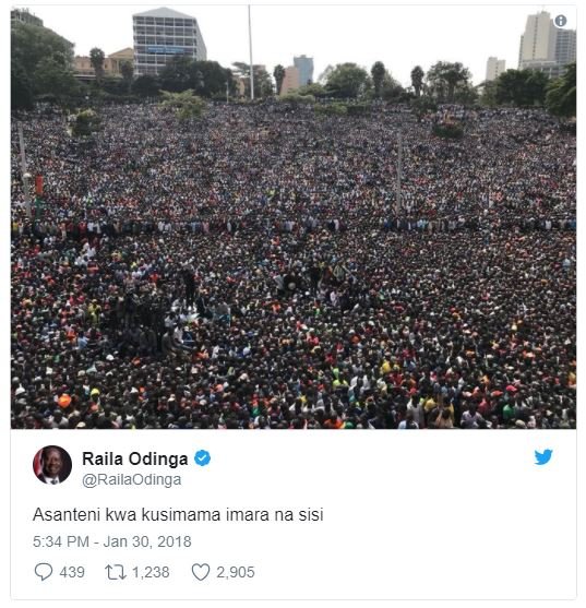 Raila odinga railaodinga asanteni kwa kusimama imara na sisi 5.34 pm jan 30, 439