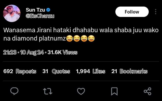 Sun tzu ischanzu follow wanasema jirani hataki dhahabu wala shaba juu wako na di