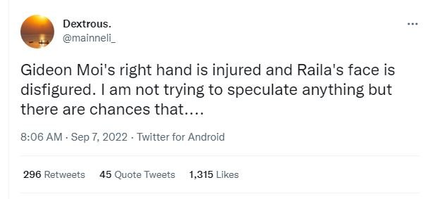 Dextrous mainneli gideon moi's right hand is injured and raila's face is disfigu