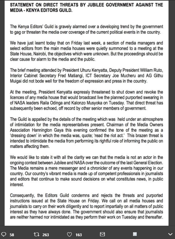 Statement on direct threats by jubilee government against the media kenya editor