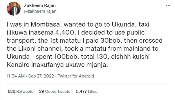 Zakheem rajan zakheem_rajan was in mombasa, wanted to g0 to ukunda, taxi ilikuwa