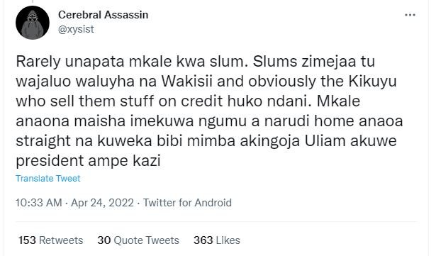 Cerebral assassin xysist rarely unapata mkale kwa slum. slums zimejaa tu wajaluo