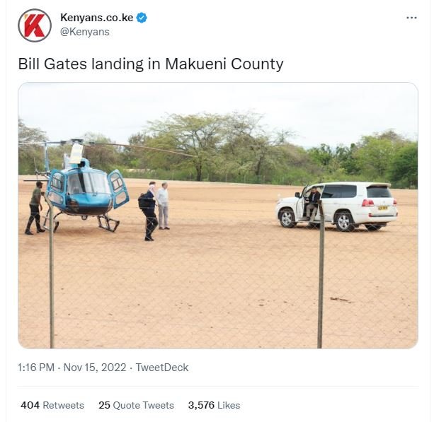 Kenyans.co.ke kenyans bill gates landing in makueni county 1.16 pm nov 15, tweet