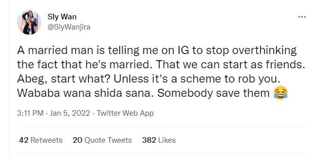 Sly Wan SlyWanjira A married man is telling me on IG to stop overthinking the fa