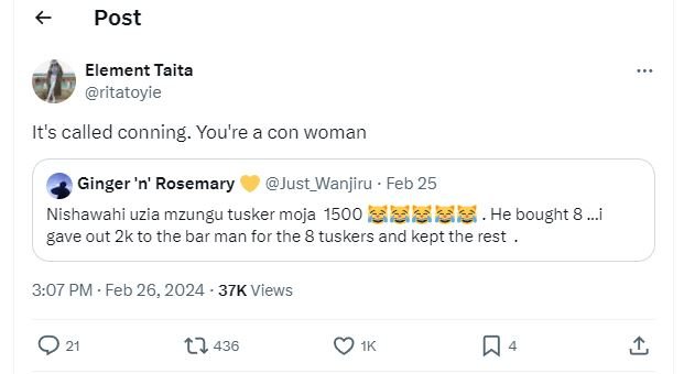 Post element taita ritatoyie it's called conning. you're a con woman ginger 'n'