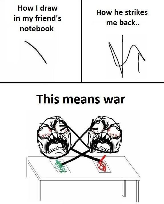 How draw in my friend's notebook how he strikes me back. this means war