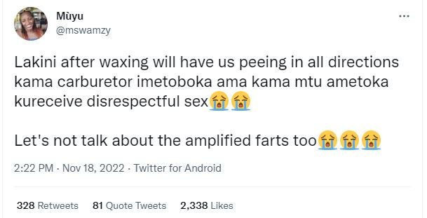 Muyu mswamzy lakini after waxing will have us peeing in all directions kama carb