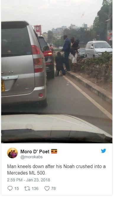 Moro d' poet morokabs man kneels down after his noah crushed into a mercedes ml