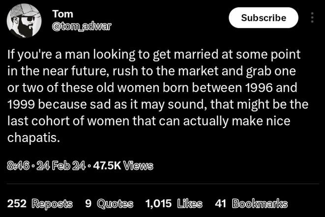 Tom tol_adwar subscribe if you're a man looking to get married at some point in