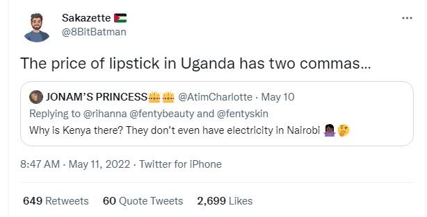 Sakazette 8bitbatman the price of lipstick in uganda has two commas jonam's prin