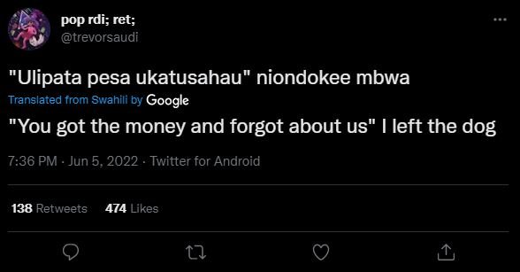 Pop rdi ret trevorsaudi 'ulipata pesa ukatusahau niondokee mbwa translated from