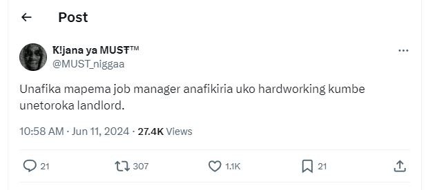 Post k'jana ya musftm must_niggaa unafika mapema job manager anafikiria uko hard
