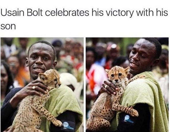Usain bolt celebrates his victory with his son