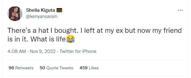 Sheila kiguta kenyansaram there's a hat bought. left at my ex but now my friend