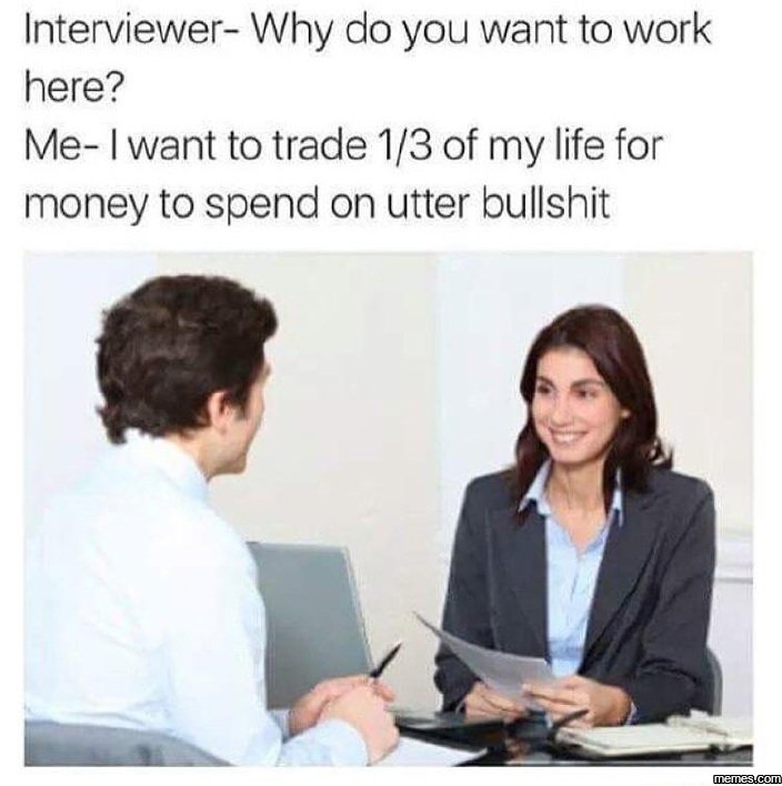 Interviewer why do you want to work here? mewant to trade 13 of my life for mone