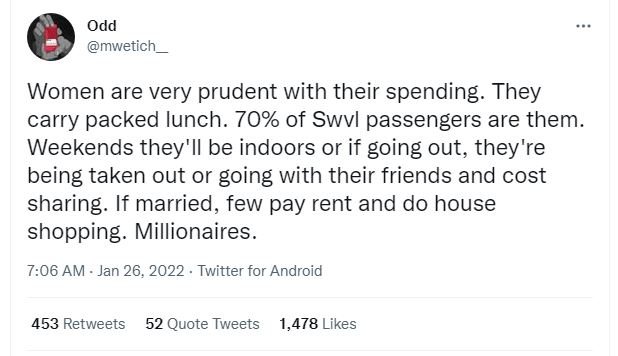 Odd mwetich Women are very prudent with their spending. They carry packed Iunch.