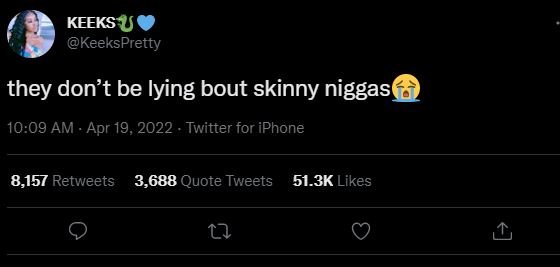 Keeks keekspretty they don't be iying bout skinny niggas 10.09 am . apr 19, twit