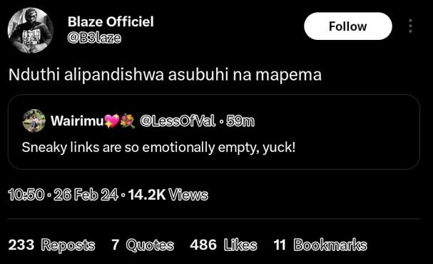 Blaze officiel b3laze follow nduthi alipandishwa asubuhi na mapema wairimu lesso