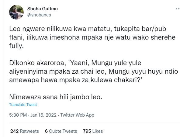 Shoba Gatimu shobanes Leo ngware nilikuwa kwa matatu, tukapita bar pub flani, il