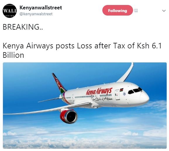 Kenyanwallstreet kenyanwalstreet following breaking. kenya airways posts loss af
