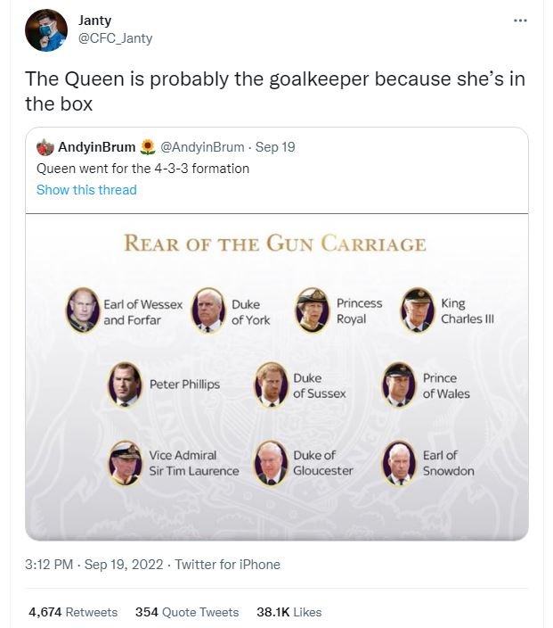 Janty cfc_janty the queen is probably the goalkeeper because she's in the box an