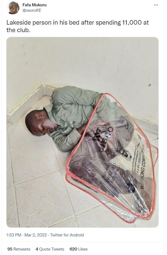 Fafa mukuru osoroke lakeside person in his bed after spending 11,000 at the club