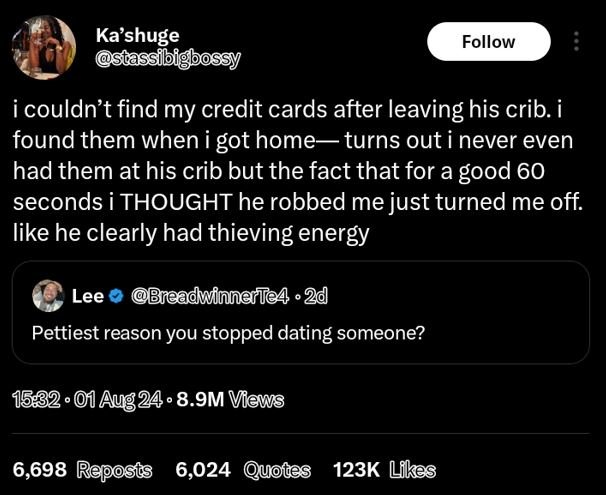 Ka'shuge stassibigbossy follow icouldn't find my credit cards after leaving his