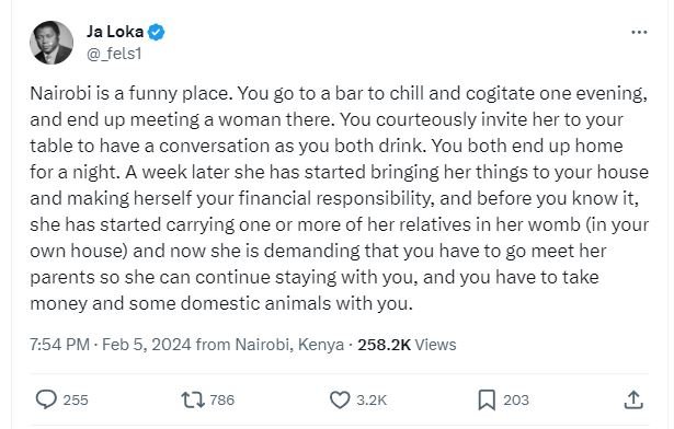 Ja loka _felsl nairobi is a funny place. you g0 to a bar to chill and cogitate o