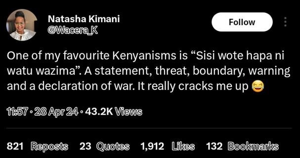 Natasha kimani wacera k follow one of my favourite kenyanisms is sisi wote hapa