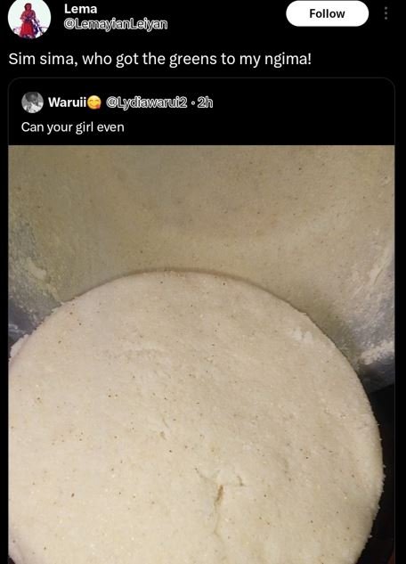 Lema lanayfanleiyan follow sim sima who got the greens to my ngima! waruiie luda