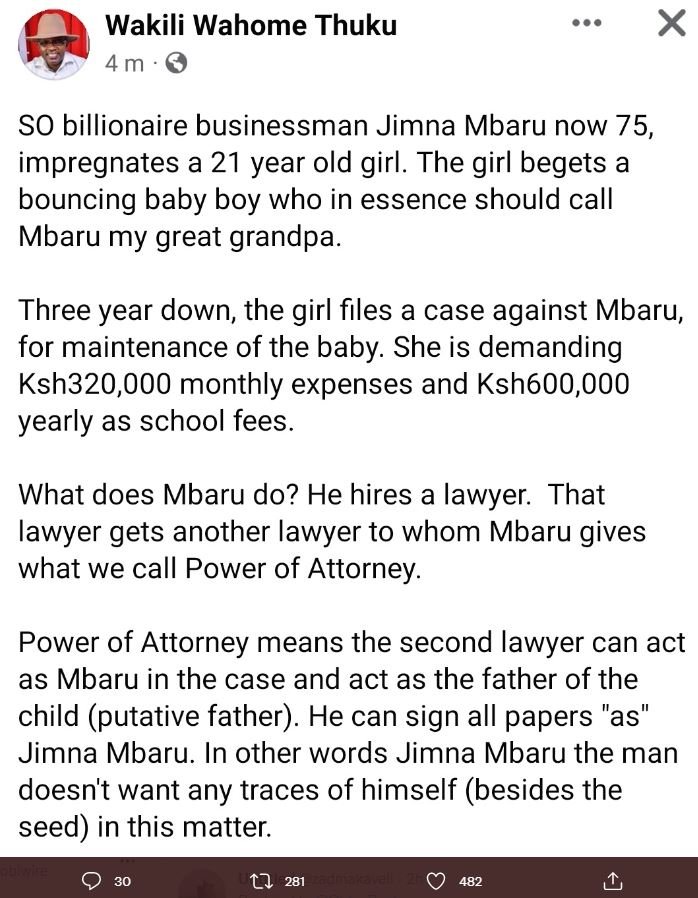 Wakili wahome thuku 4 m so billionaire businessman jimna mbaru now 75, impregnat