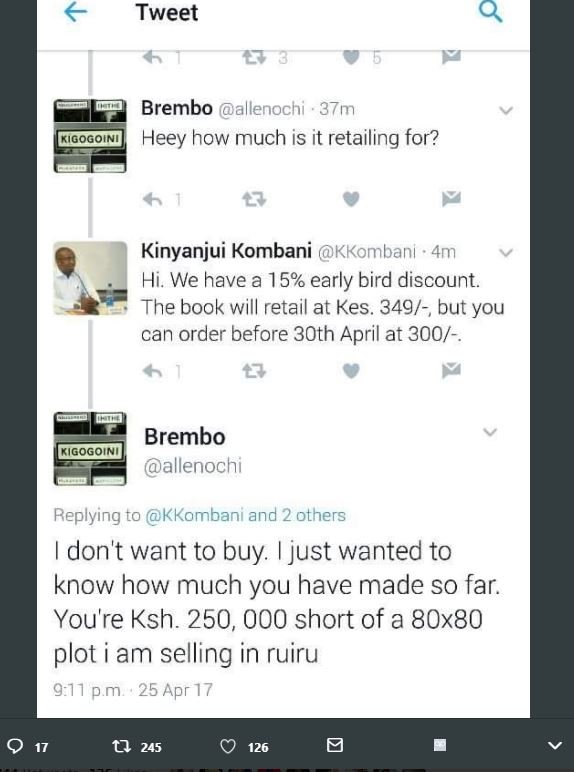 Tweet brembo allenochi . 37m kigogoini heey how much is it retailing for? kinyan