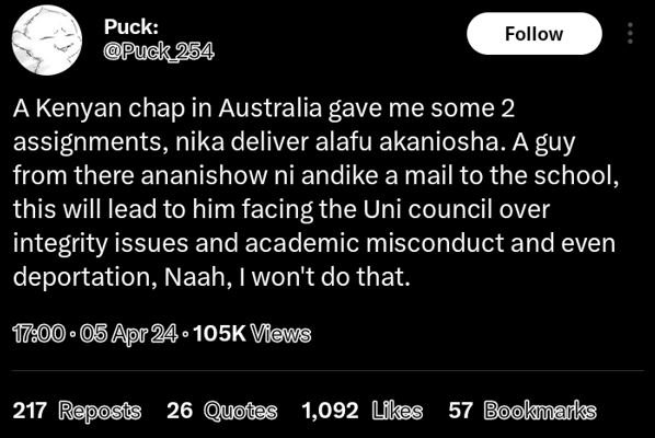 Puck puck 254 follow a kenyan chap in australia gave me some 2 assignments, nika