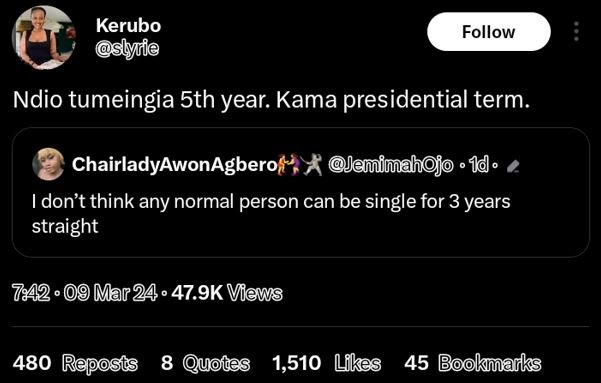 Kerubo pslyife follow ndio tumeingia sth year. kama presidential term chairladya