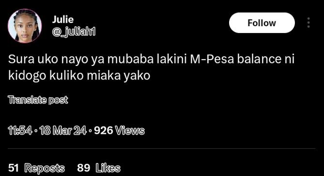 Julie juliahi follow sura uko nayo ya mubaba lakini mpesa balance ni kidogo kuli