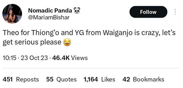 Nomadic panda mariambishar follow theo for thiong'o and yg from waiganjo is craz
