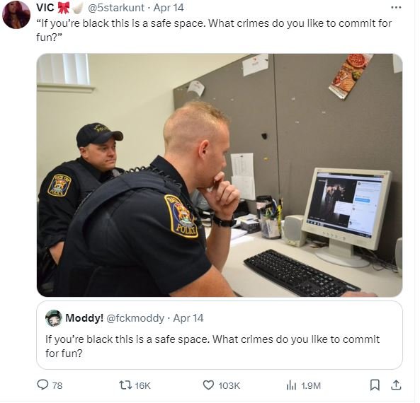 Vic sstarkunt apr 14 if you're black this is a safe space. what crimes do you li
