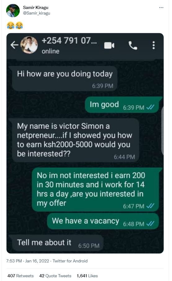 Samir Kiragu Samir_kiragu 4 254 791 07 online Hi how are you doing today 6.39 PM