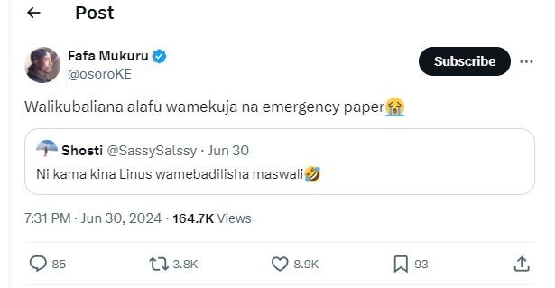 Post fafa mukuru osoroke subscribe walikubaliana alafu wamekuja na emergency pap